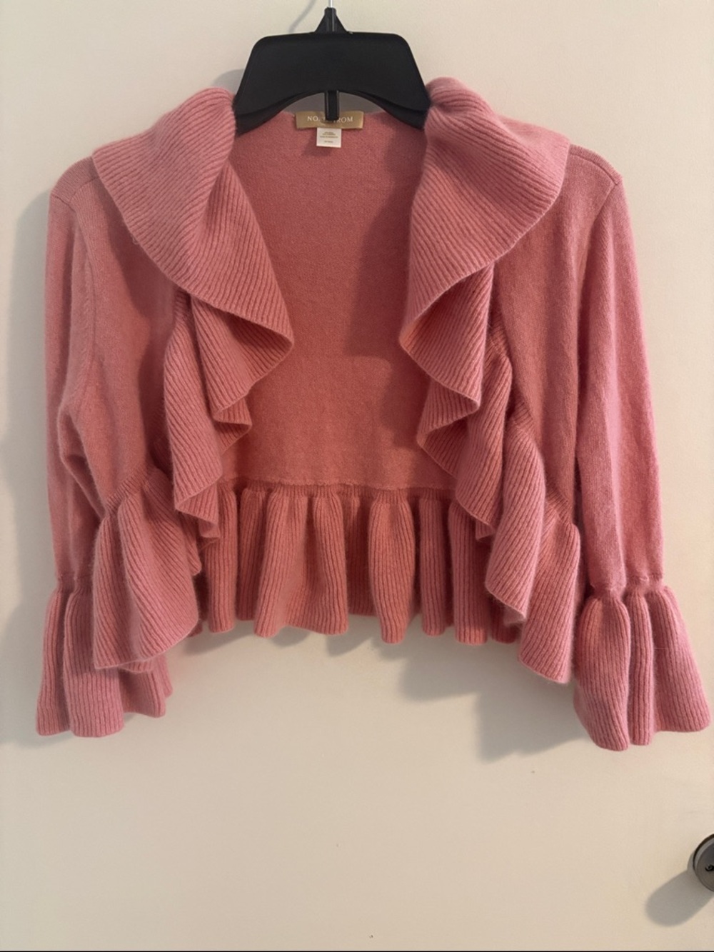 Nordstrom Wool Cashmere Pink Ruffle-Trim Cropped Cardigan